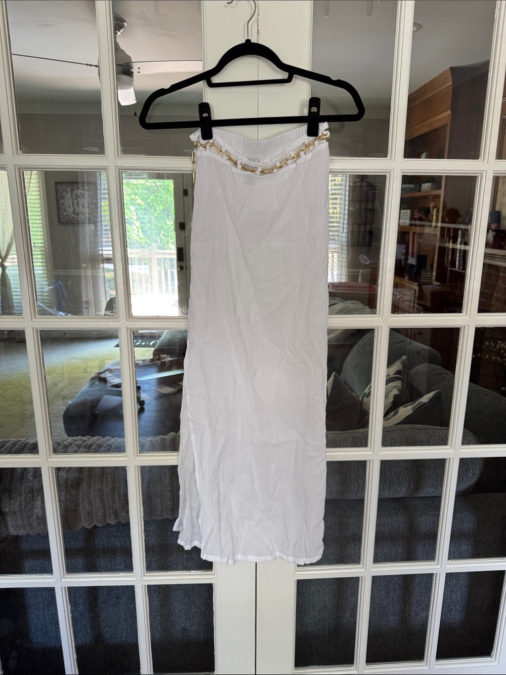 MOEVA White Maxi Skirt with Gold Chain Waist Detail (see-through)